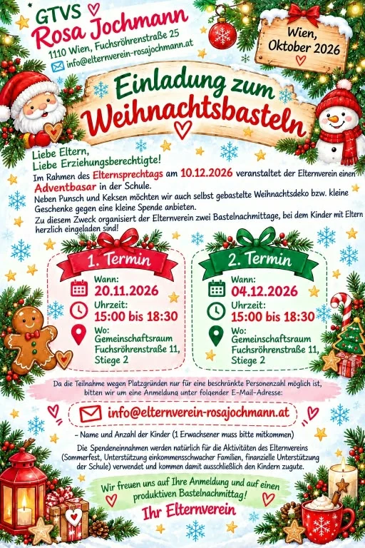 Einladung zum Weihnachtsbasteln 2026 – 20.11. und 4.12.2026, 15:00 bis 18:30 Uhr, Gemeinschaftsraum Fuchsröhrenstraße 11, Stiege 2